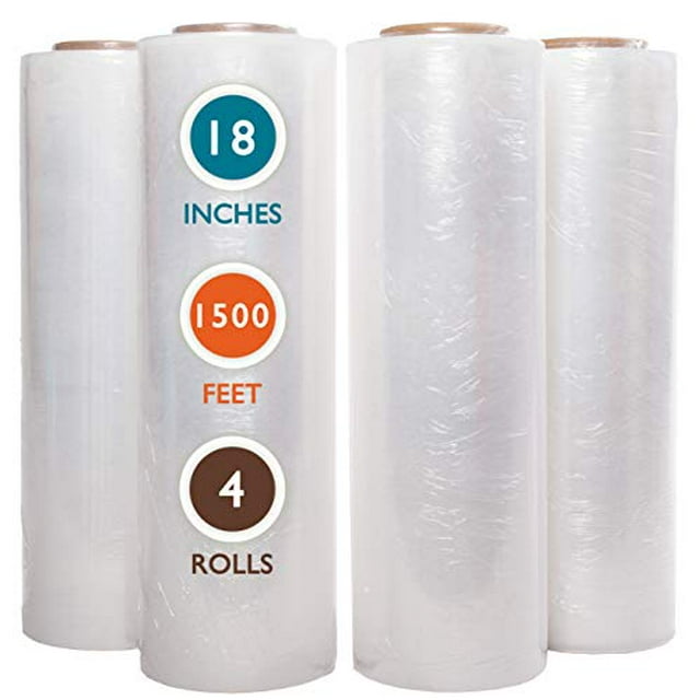 PackageZoom 4 Rouleaux 18 Pouces x 1500 Pieds Pellicule Extensible Robuste, Pellicule Rétractable de Qualité Industrielle, Pellicule Extensible Haute Performance Calibre 55 Remplace les Pellicules Basses Calibre 80, Pellicule Extensible Transparente à la Main