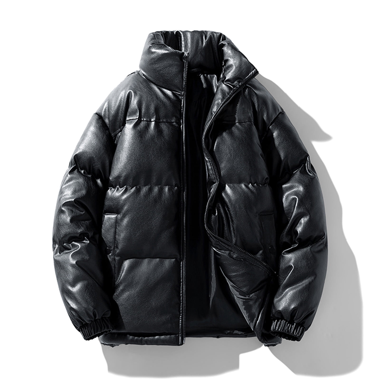 Xzbqbs Leather Jacket Men Winter Windproof Waterproof Puffer Jacket Casual Fashion Full Zip Stand Collar Thicken Warm Quilted Jacket