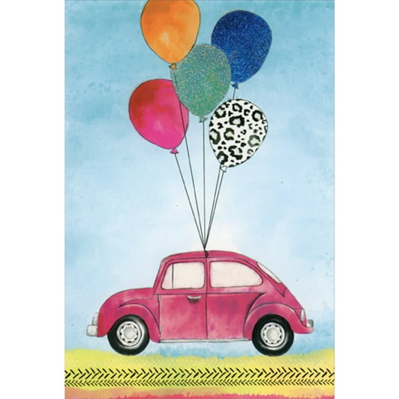 Pictura Bunch of Balloons Tied to Red VW Beetle Car Birthday Card