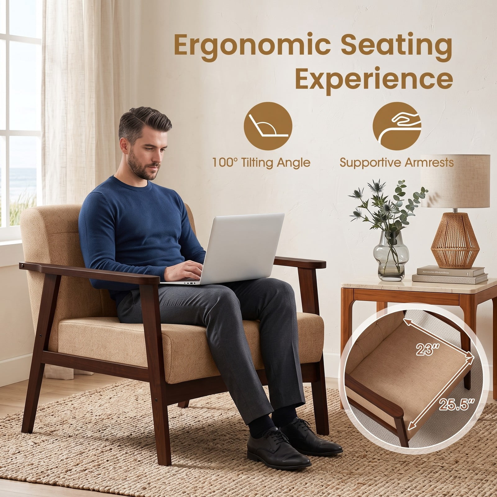 Furnibear Upholstered Accent Chair, Mid-Century Rubber Wood Armchair with Linen Padded Seat and Button-Tufted Backrest for Living Room Bedroom Reading Nook, 330, Beige