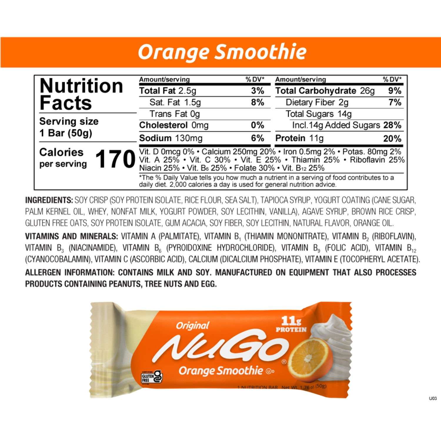 NuGo Original Variety, Vanilla Yogurt 15 bars  Orange Smoothie 15 bars, 11g Protein, Gluten Free, 30 Count