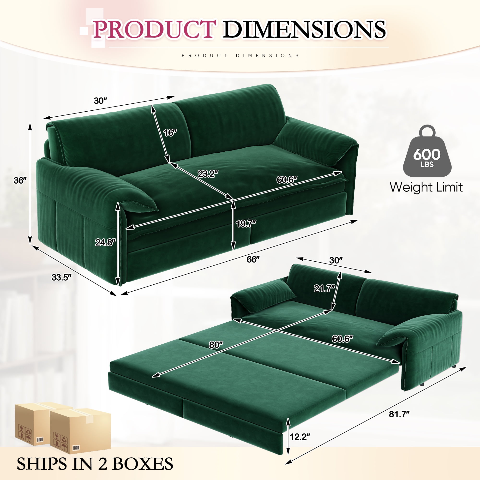 Timbernest 66" Futon Sofa Bed, 3 in 1 Convertible Sleeper Sofa Queen Size with Side Storage, Velvet Pull Out Sofa Bed, Green