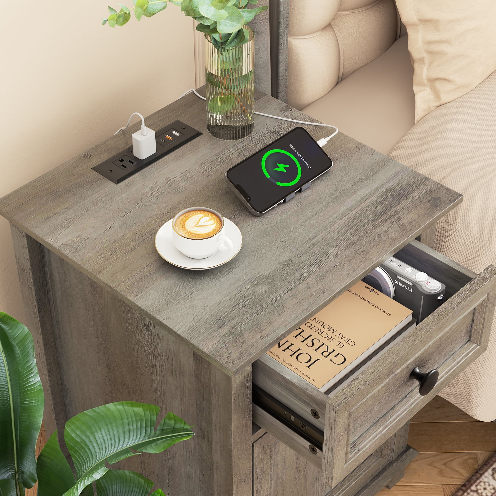 FAGAGA End Table for Living Room with Charging Station, Square Sofa Side Table with Drawer and Adjustable Storage Shelf, Wooden Nightstands Storage Cabinet for Bedroom, Office | Split Oak