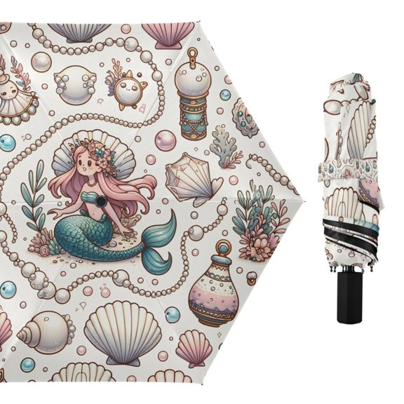 Pearl Shell Mermaid Plant Compact Sun Umbrella Windproof Travel Umbrellas for Rain Strong Portable UV Protection