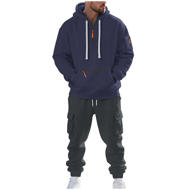 Lovzfmll Men's Matching Athletic Set, Half-Zip Hooded Top and Joggers, Solid Color, Pockets for Coordinated Look Navy, L