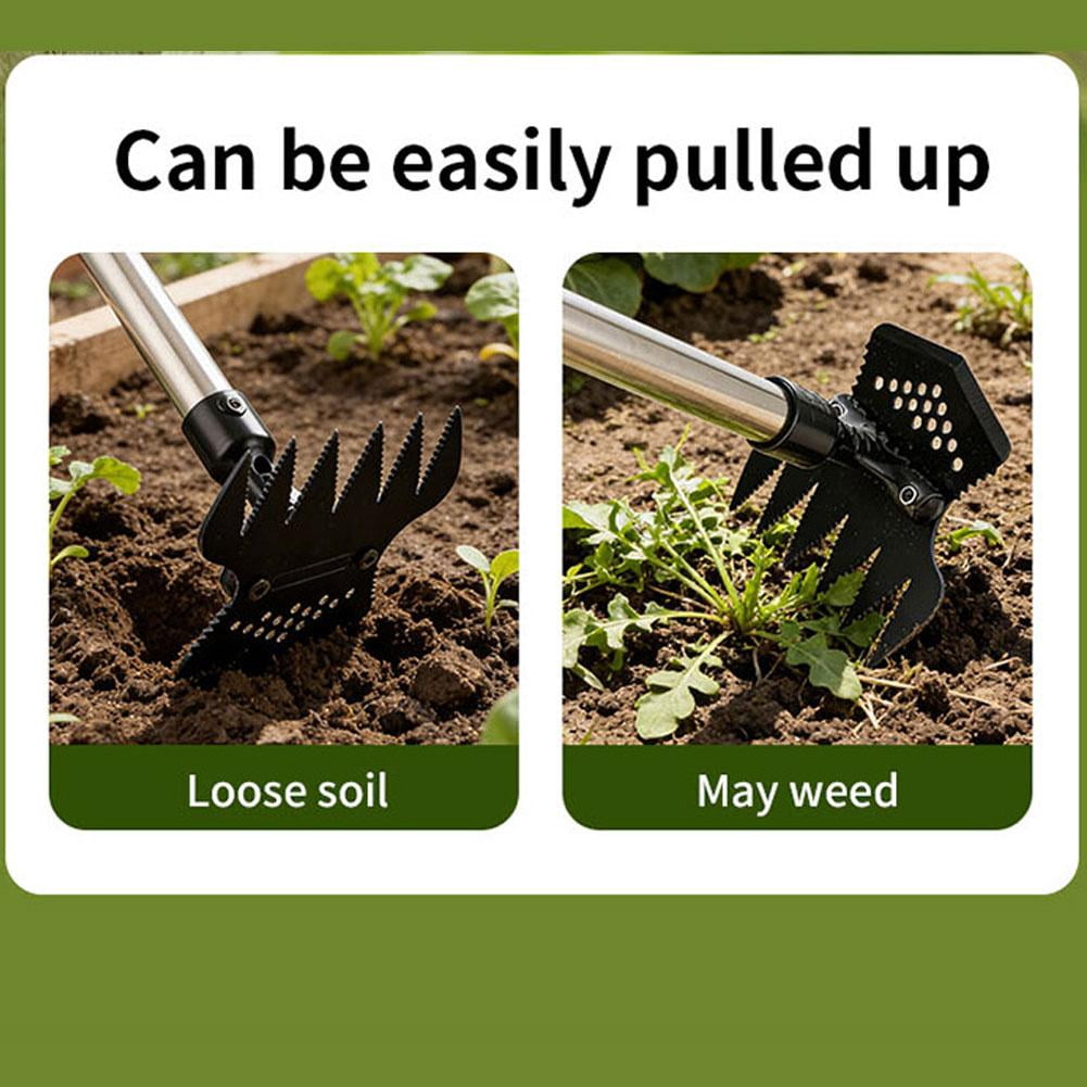 Manual Weeding Tool with Adjustable Long Handle 14 to 40 Inches, 6 Tine Heavy Duty Garden Weed Puller Rake for Lawns and Flower Beds, Removal Tool for Soil Aeration and Yard Maintenance