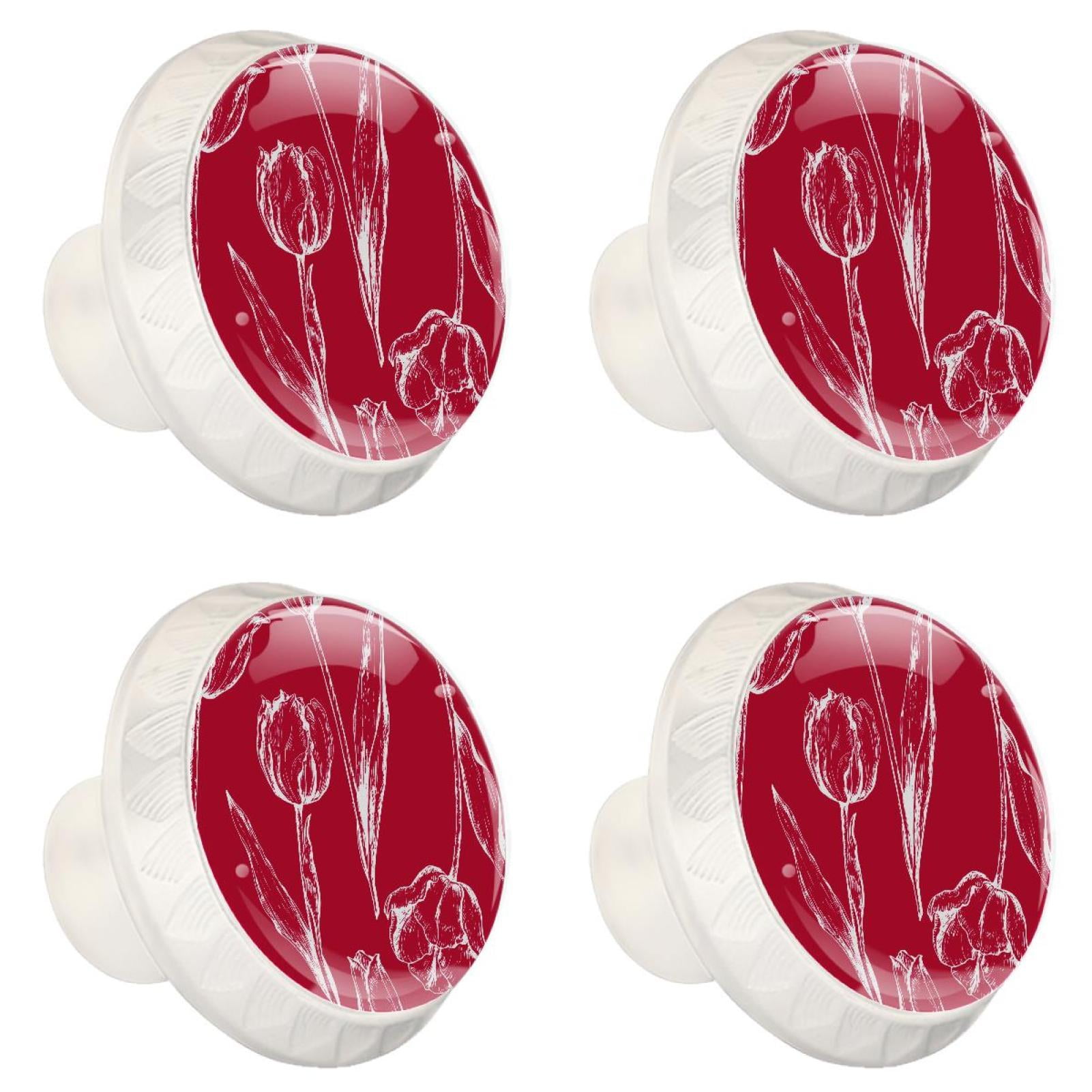 4 Pcs Tulips Red Knobs for Kitchen Cabinet Cupboard Dresser Bookcase Drawer Pulls Handles Round Home Decor
