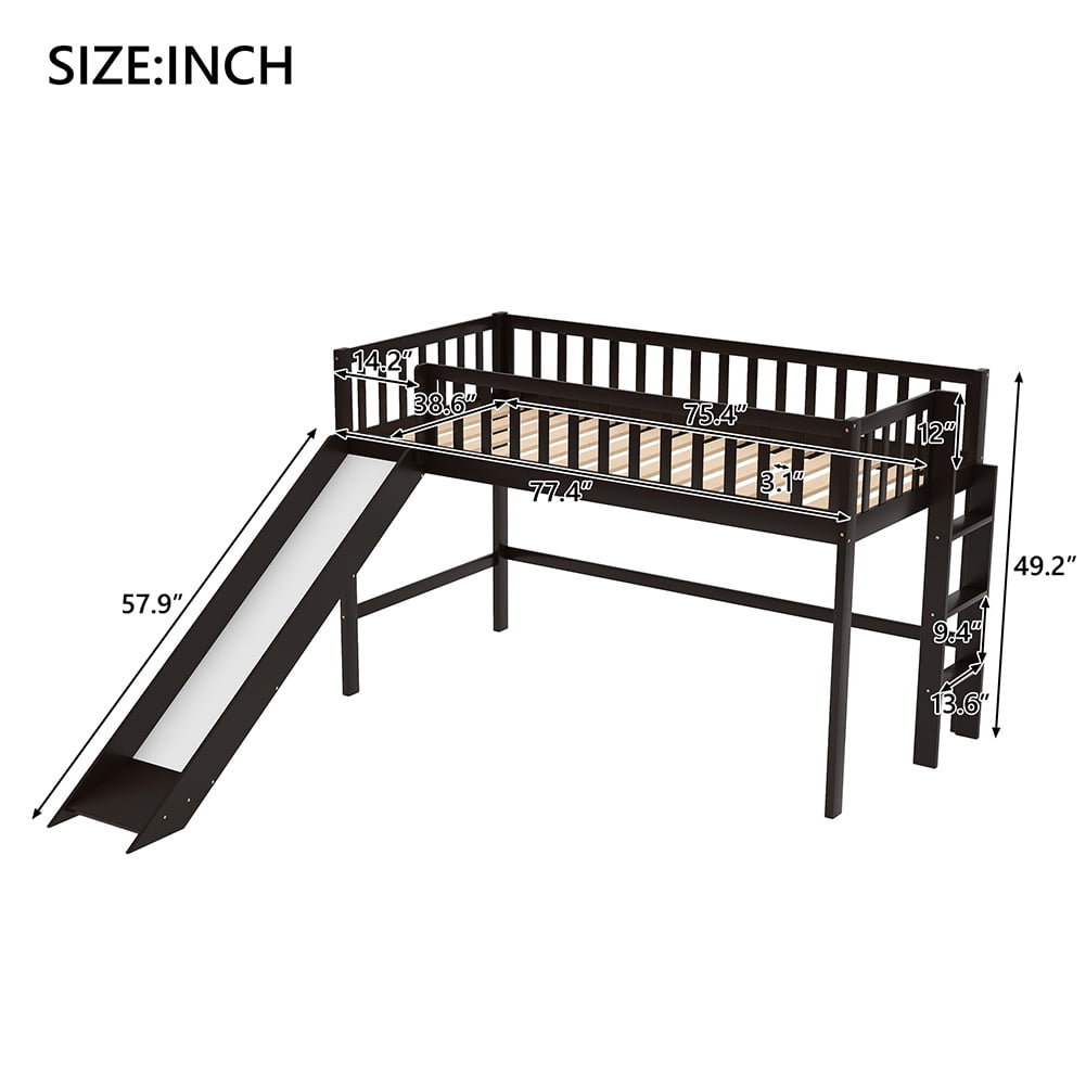 Kadyn Twin Size Low Loft Bed with Ladder and Slide, Black