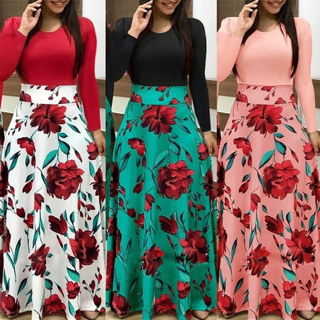 Plus Size Ladies Long Sleeve Floral Boho Women Party Bodycon Maxi Dress Long Skirts Clothing