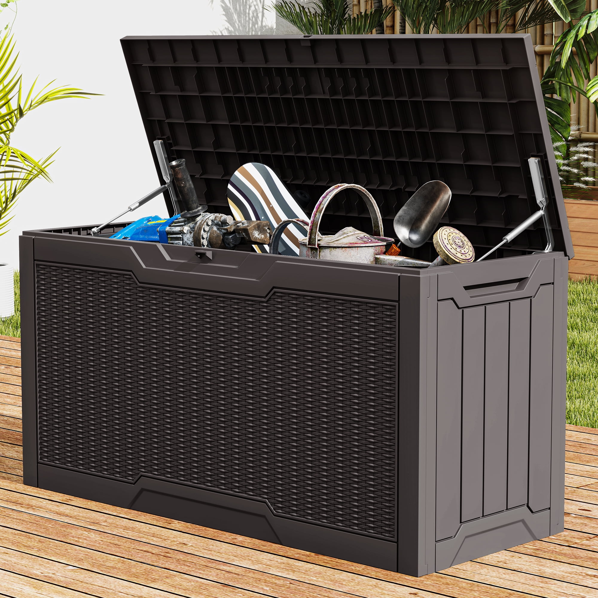 Uforic 80 Gallon Resin Deck Box, Waterproof Lockable Rattan Outdoor Storage Box for Patio Cushions Garden Tools