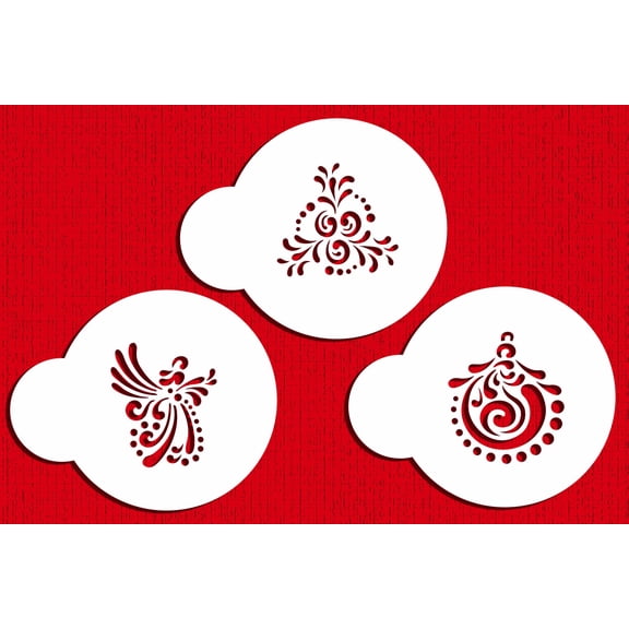 Designer Stencils Fancy Holiday Cookie Stencil Tops, (Angel, Holly Bough and Christmas Ball), Beige/semi-transparent