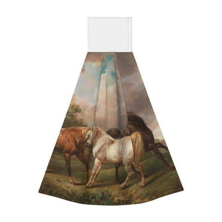 

Disketp Three Horses Oil Painting Hanging Kitchen Towel Tie Towels Tea Bar Dish Cloths Dry Towel for Laundry Room Decor (18*14in)
