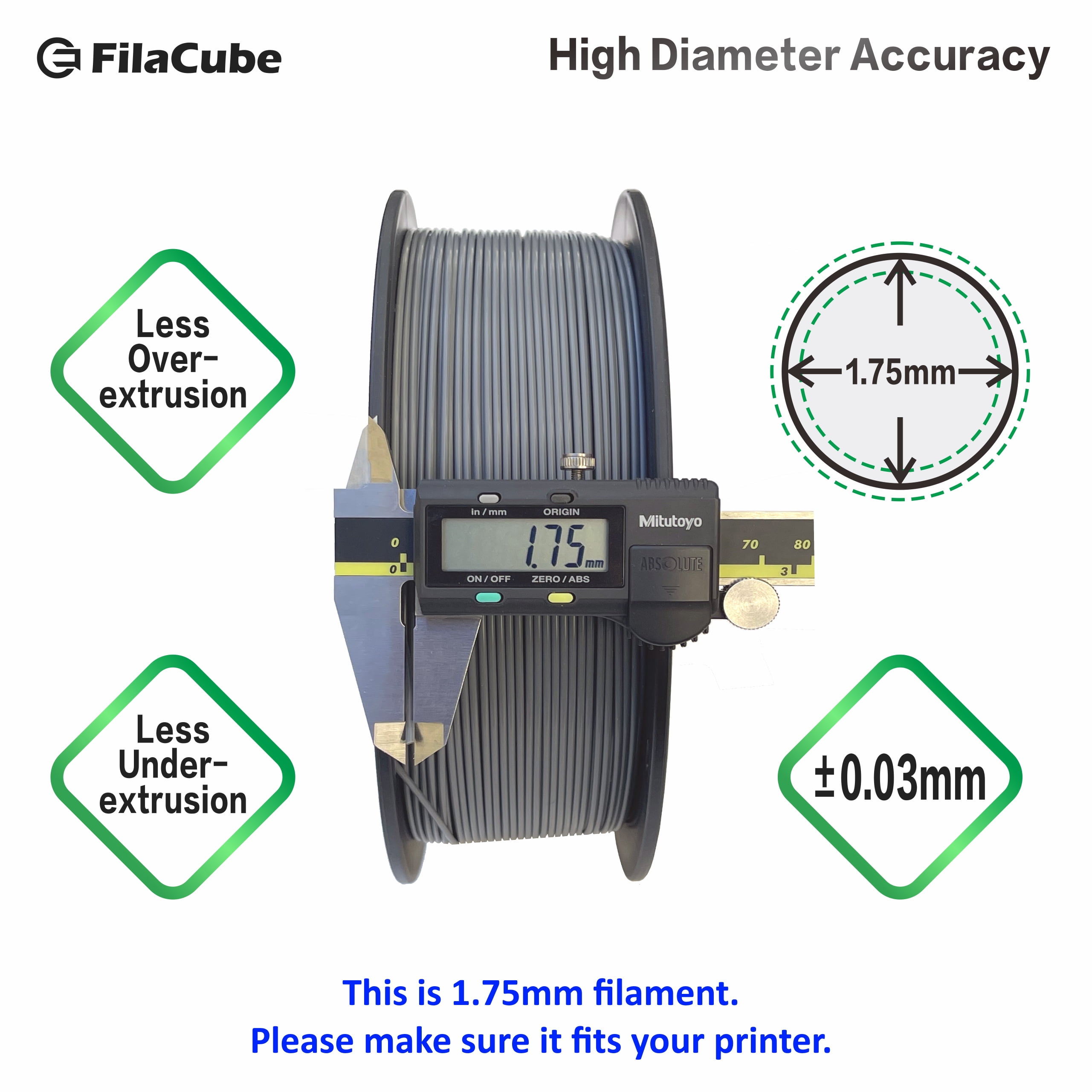 Gray PLA 3D Printer 1.75mm Filament - FilaCube 1.75 mm 1kg PLA 2 3D Printing Plastic Grey Filament Cool Grey Warm [Made in USA] polylactic Acid Grayish Grayscale mousey mousy Gray-Toned FDM