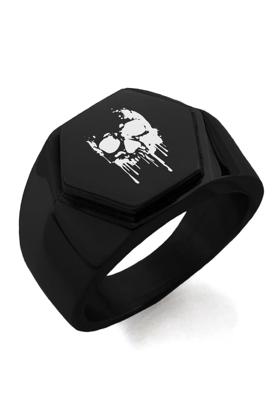 Stainless Steel Hades Greek God of Underworld Engraved Hexagon Crest Flat Top Biker Style Polished Ring
