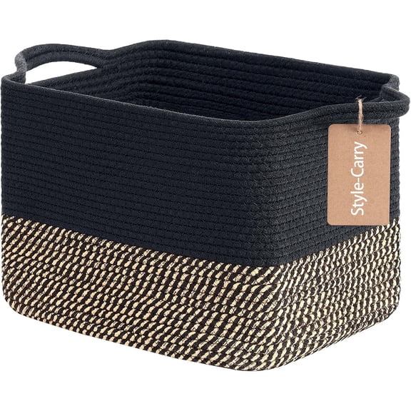 Style-Carry Cotton Rope Woven Basket with Handles, Blanket Basket 13.5" x 11" x 9.5", Large Storage Baskets for Organizing