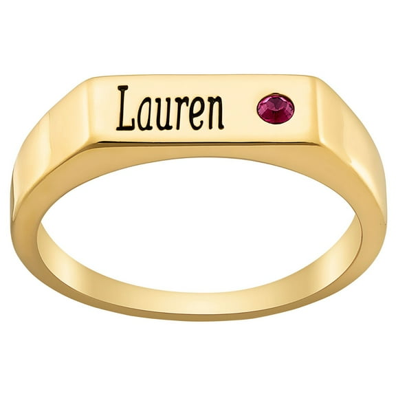 Personalized Planet 14K Gold Plated Engraved Name and Birthstone Rectangle Ring ,Women's