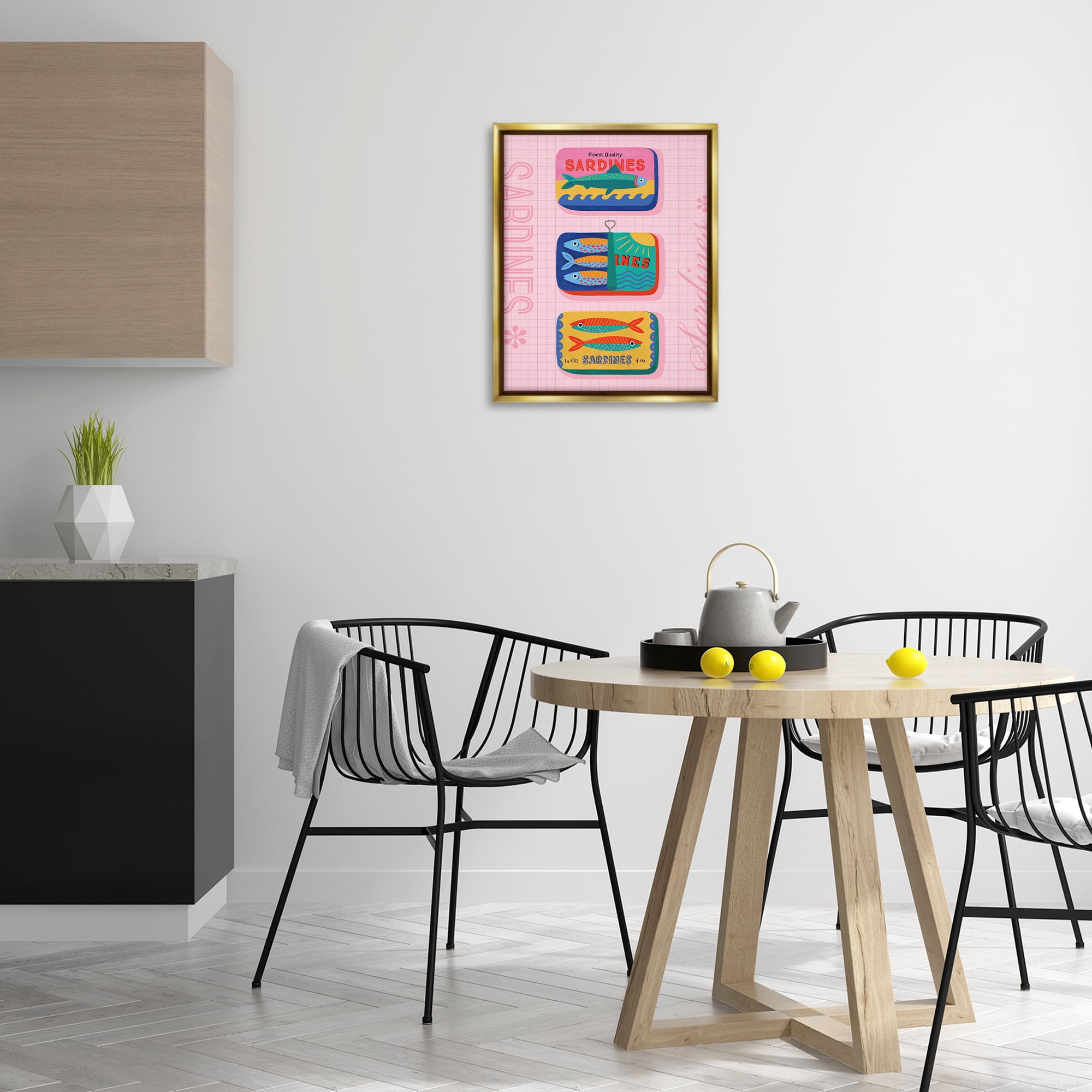 Stupell Industries Bright Sardine Can Designs Food & Beverage Painting Gold Floater Framed Canvas Art Print Wall Art, 17 x 21