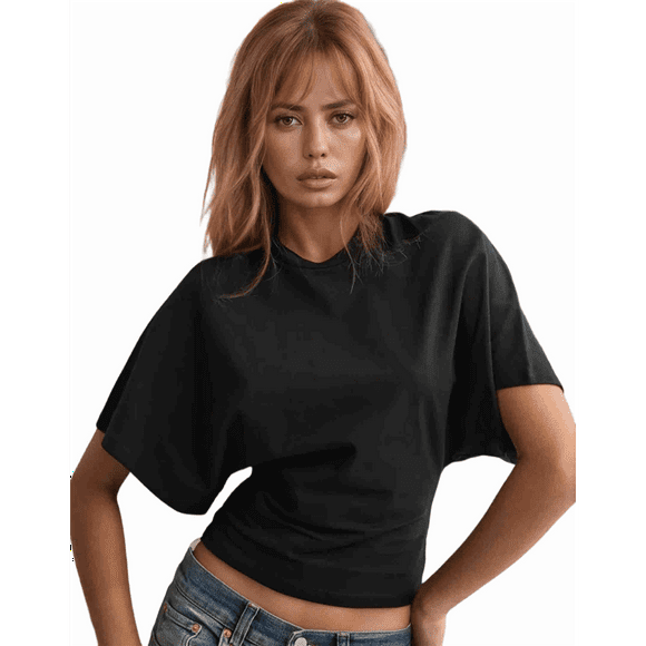 Camisetas para Mujer, Cuello Redondo, Cintura Ajustada, Informal, Corta, para Entrenamiento, Color Liso, Básicas, Color Negro, Talla XXL