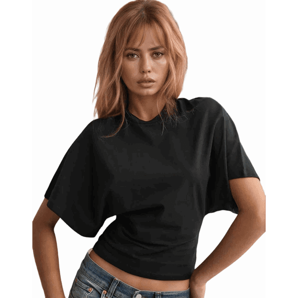 Camisetas para Mujer, Cuello Redondo, Cintura Ajustada, Informal, Corta, para Entrenamiento, Color Liso, Básicas, Color Negro, Talla XL
