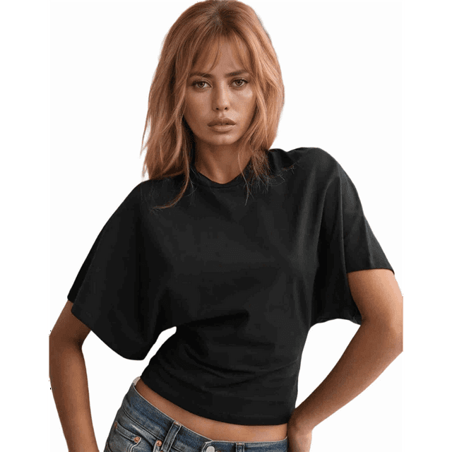 Camisetas para Mujer, Cuello Redondo, Cintura Ajustada, Informal, Corta, para Entrenamiento, Color Liso, Básicas, Color Negro, Talla XL