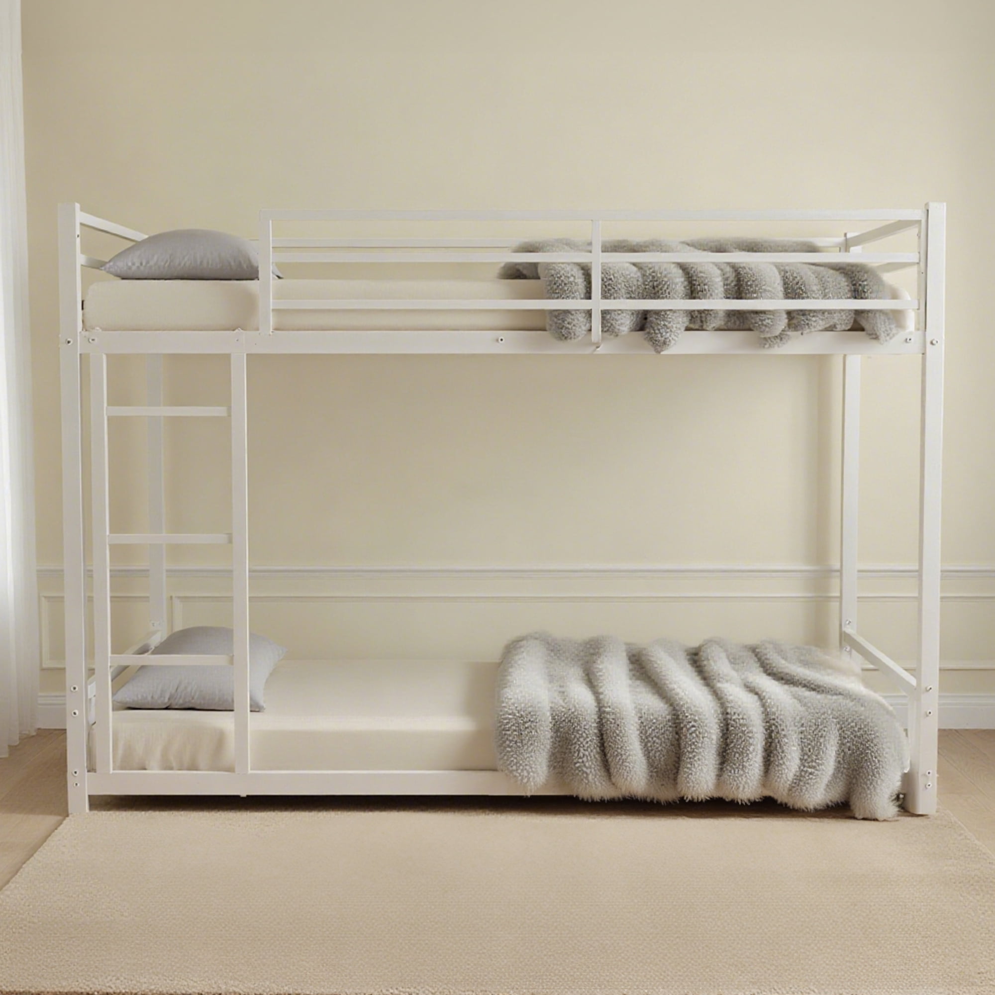 Alvantor Metal Bunk Bed Twin over Twin for Kids Adults, Low Bunk Bed with Guardrails and Ladder for Bedroom White