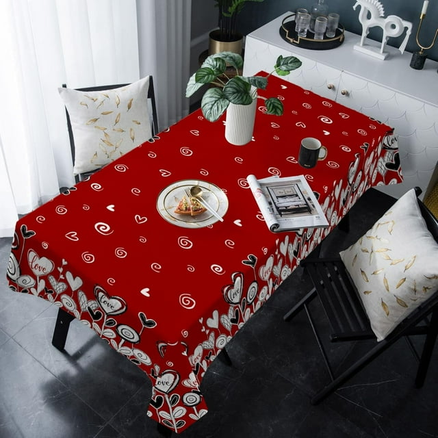 Valentine''s Day Rectangle Tablecloth Waterproof & Stainproof Tablecloths, Saint Red Love-Tree Heart Wipeable Table Cloth Wrinkle-Free for Round/Rectangle/Oval/Square/Dining/Party/Wedding, 60x120