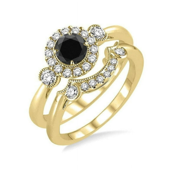 Affordable 1.25 Carat Black and White Diamond Bridal Ring Set for Women in 14k Yellow Gold