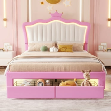 Pink Full Size Upholstered Bed Frame with LED Lights, Modern Upholstered Princess Bed with 2 Drawers.