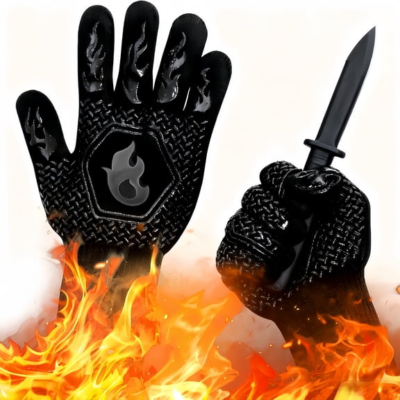 Grill Gloves, Black High Heat Resistant Non-Slip Silicone Barbecue Oven Mitts, Cut Resistant Flexible Cooking Gloves for Grilling Baking Smoking BBQ Kitchen Outdoor Cooking