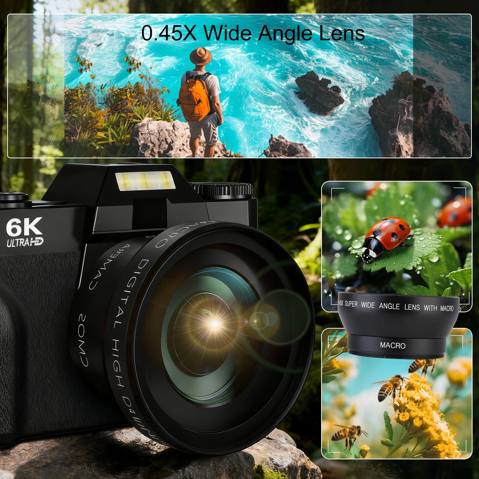 Ourlife 6K Digital Camera 64MP 16X Zoom WiFi, Wide-Angle & Macro Lens Autofocus WiFi Vlogging Camera for Youtube Tiktok Content Creator 64GB Card Black