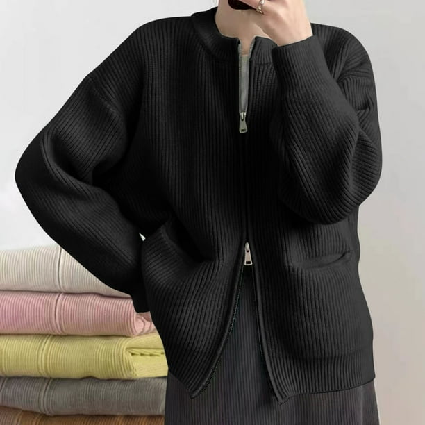 Suéter de invierno para mujer, informal, holgado, a la moda, con bolsillos de color y doble cremallera en la parte superior, cárdigan, abrigo para mujer