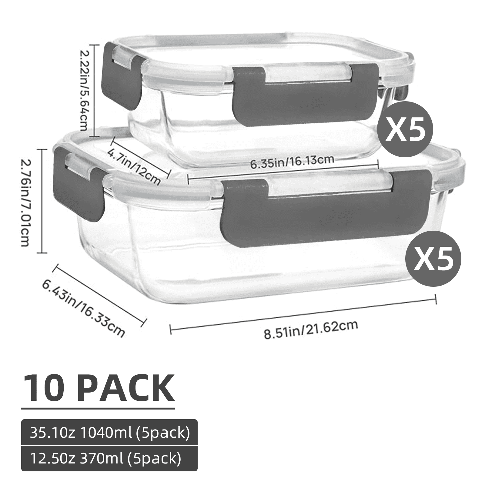 stusgo 20 Pas Glass Storage Containers with Lids（5 x1040 ml, 5 x370 ml）, BPA Free，Reusable (10Pcs Grey)