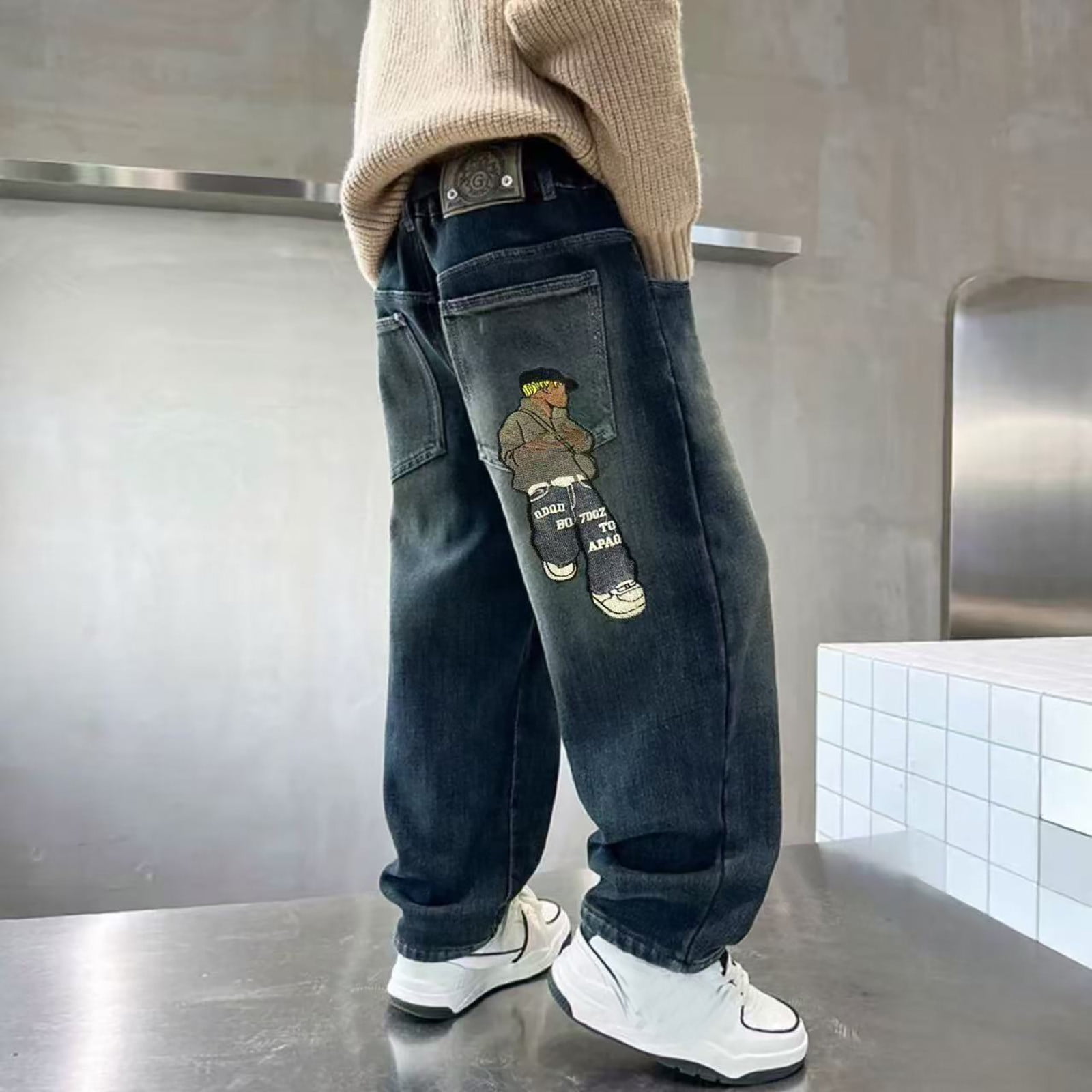 Kiijoy Big Boys Baggy Jeans Cartoon Graphic Straight Leg Denim