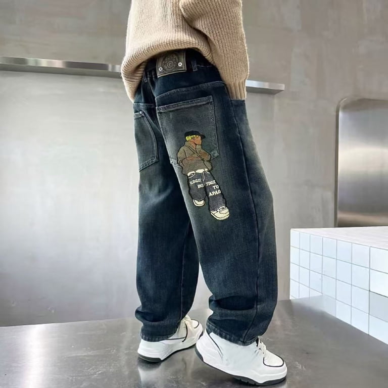 Kiijoy Little Boys Baggy Jeans Cartoon Graphic Straight Leg Denim