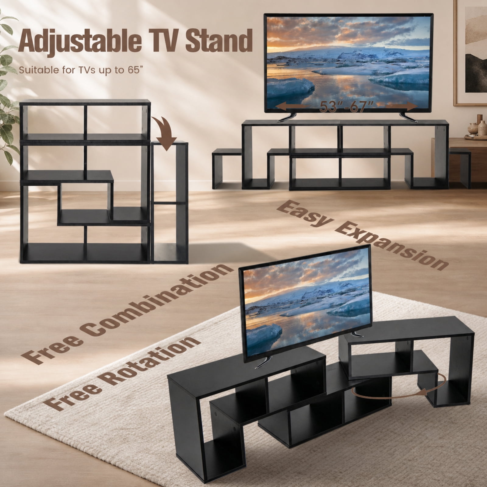 Furnibear 3 Pieces Adjustable TV Stand for TVs up to 65 Inch with Shelves for Living Room Bedroom Media Console Entertainment Center, Black