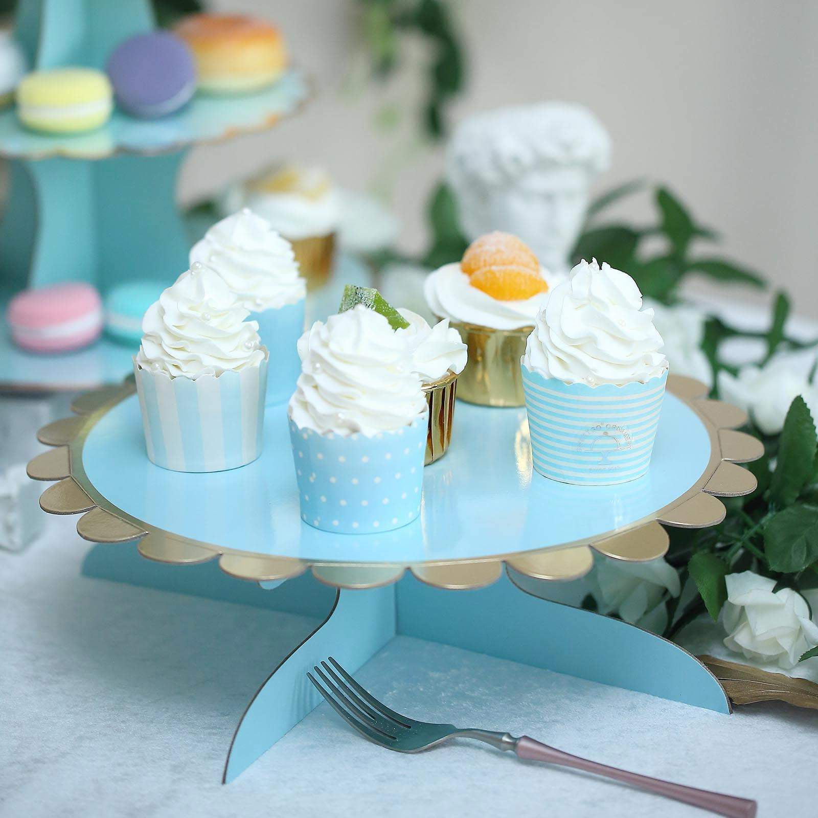 1 Tier BLUE with GOLD TRIM 4" Cardboard Cupcake Stand Dessert Holder  Events 