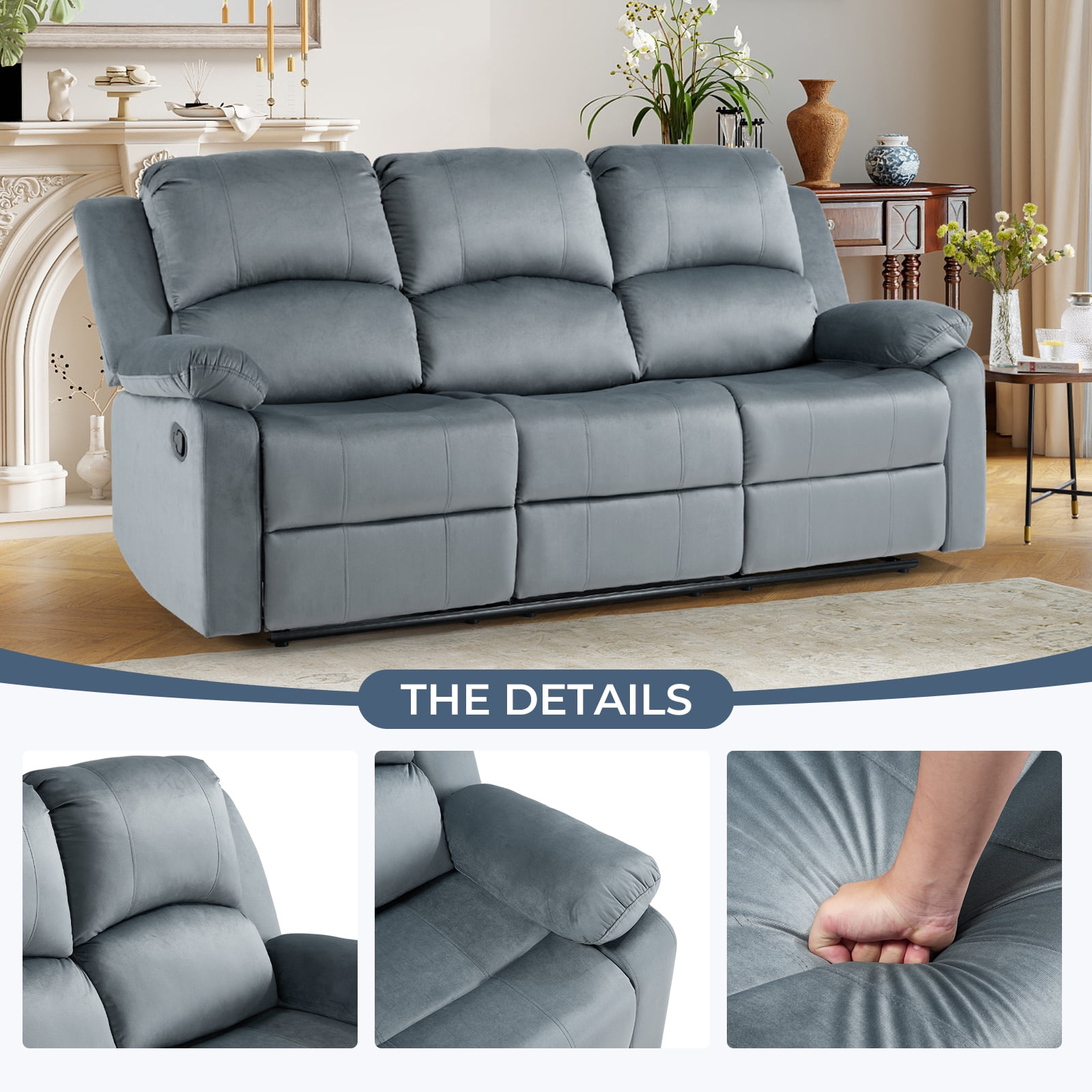 Bonzy Home Manual 3-Seat Reclining Sofa 3-Seater Couch with Overstuffed Arms & Backrest, Gray