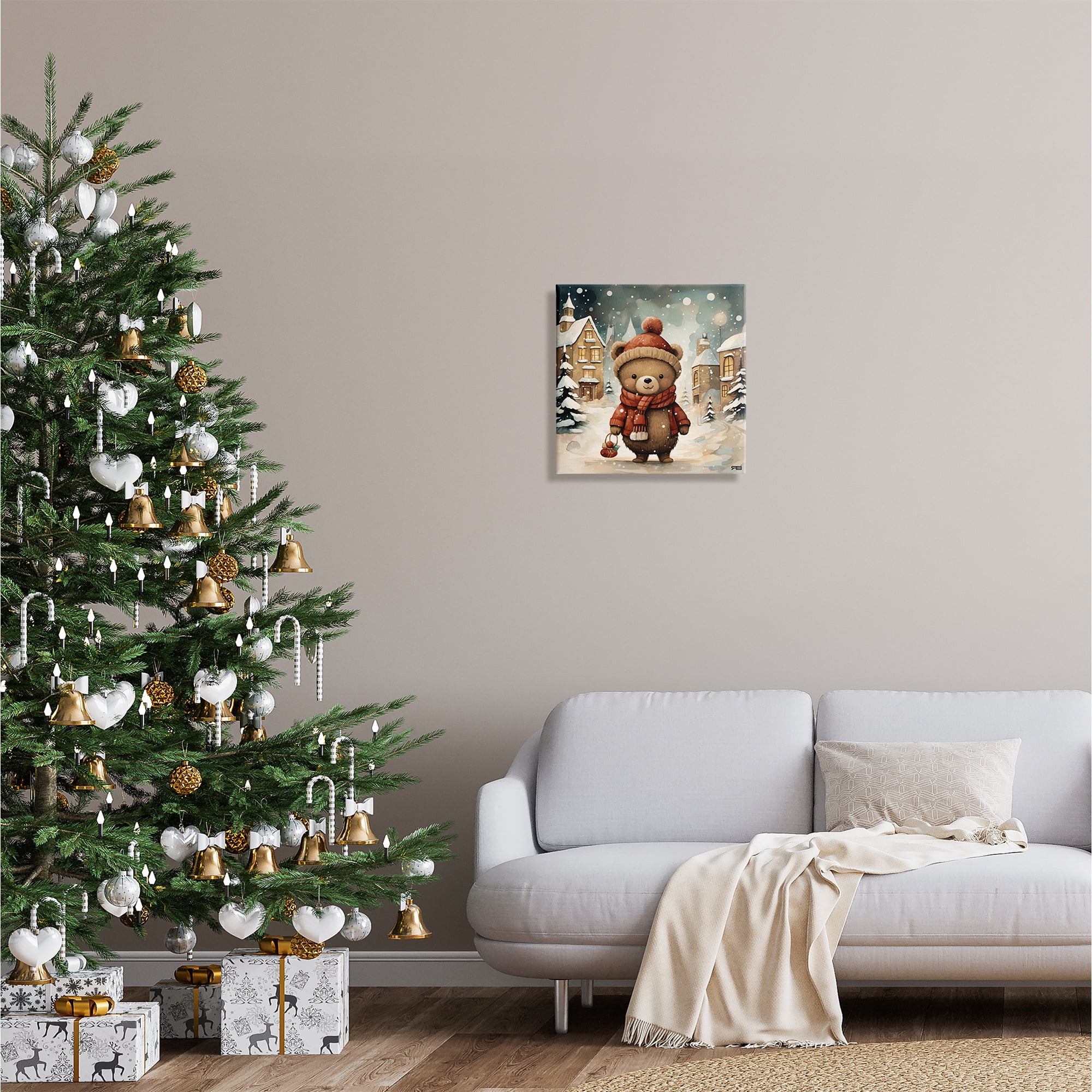 Stupell Industries Bear in Snowy Winter Village Animals & Insects Painting Gallery Wrapped Canvas Art Print Wall Art, 17 x 17