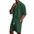thumbnail image 2 of CIENVNSTG Mens 2 Piece Outfits Waffle Knit Outfit Half Zip Polo Shirt Summer Short Sleeve Shorts Sports Set, 2 of 8