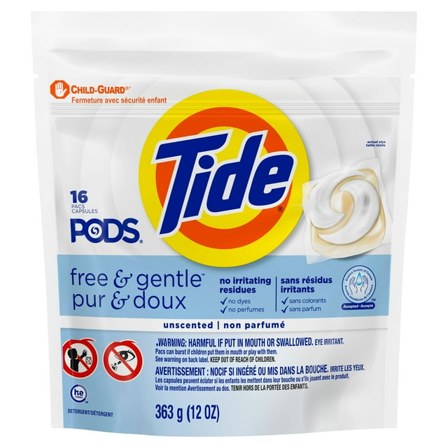 Package of Tide PODS Free & Gentle Laundry Detergent Soap Pacs, 16 count, unscented and gentle formula with child-guard safety closure