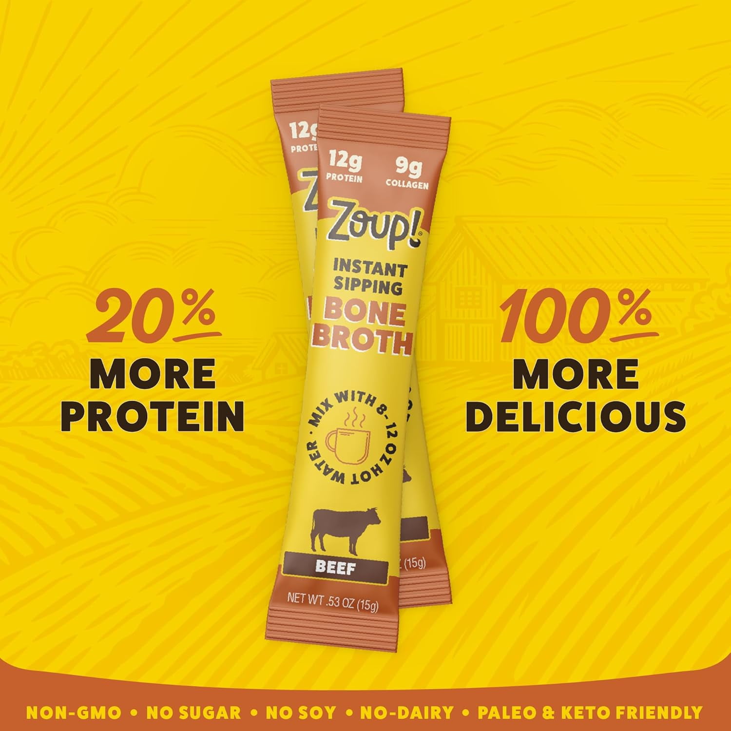 Zoup! Instant Sipping Bone Broth Mix - 12 Grams of Protein - Non-GMO - Bone Broth Protein Powder Packets To Go - Beef, .53 oz. (Pack of 20)&nbsp;