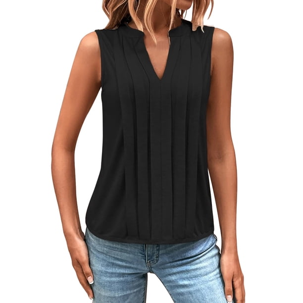 Top sin mangas con cuello en V y pliegues para mujer, poliéster-spandex, tallas S-XXL, elegante/casual, bloques de color