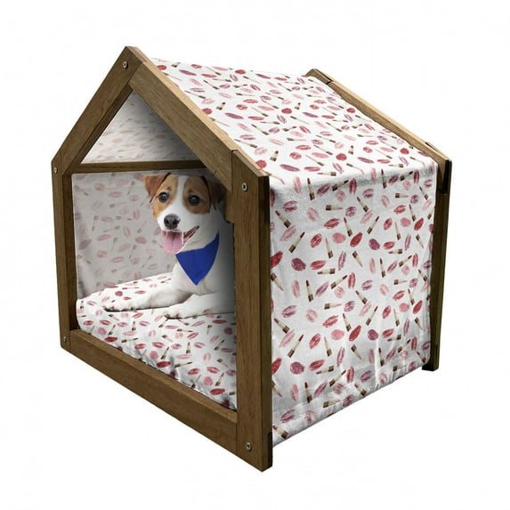 Cosmetics Pet House, Beauty Theme Pink and Burgundy Lipstick and Kiss Pattern Makeup Concept, Outdoor & Indoor Portable Dog Kennel with Pillow and Cover, 5 Sizes, Burgundy and Pink, by Ambesonne