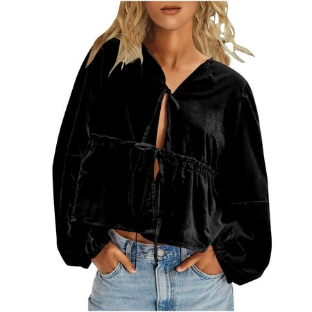 GA WEIHUA Women s Velvet Shirts Tie Front Long Sleeve Jackets V Neck Ruffle Hem Peplum T Shirts Loose Fit Cute Open Front Tops Relaxed Solid Babydoll Blouses(Black XXXL
