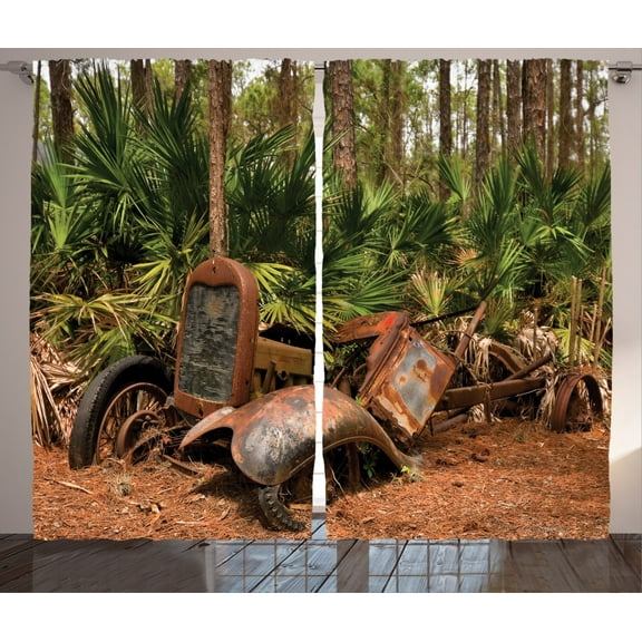 Ambesonne Rustic Curtains 2 Panel Set, Tropical Forest Palms, 108" x 84", Brown Green