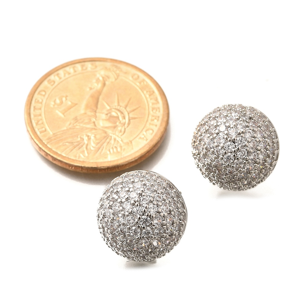 Half Round Brass Micro Pave Clear Cubic Zirconia Stud Earrings Rack Plating Long-Lasting Plated Cadmium Free & Lead Free Platinum 15.5mm