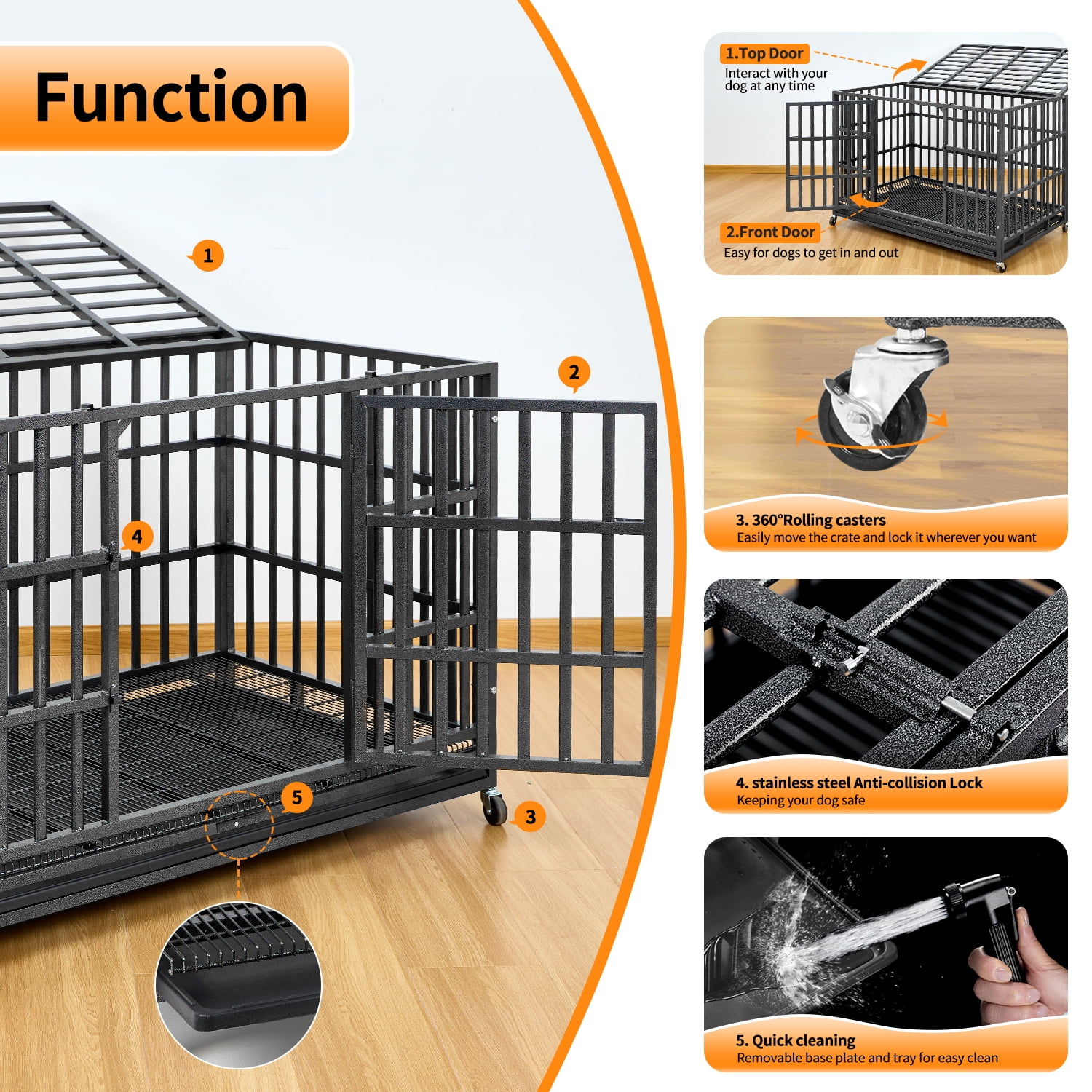 TIME RAY 38 in Heavy Duty Indestructible Dog Crate Steel Escape Proof Dog Cage Kennel for Medium Large Dogs Indoor Double Door High Anxiety Dog Crate with Wheels, Lock& Removable Tray, Black