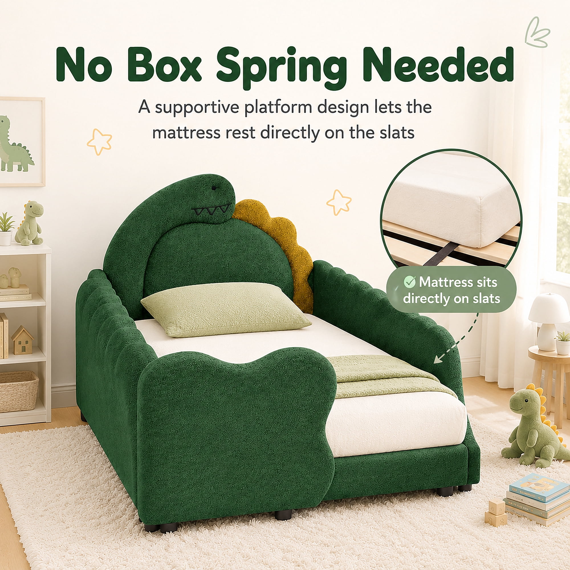 Miniyam Kids Twin Bed Frame, Boucle Upholstered Dinosaur Bed with Guardrails, Wood Slats, Green