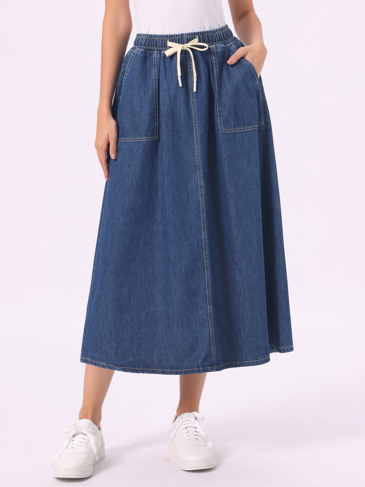 DARING DIVA Women's Comfortable Elastic Waist A Line Long Length Jean Skirts XS Dark Blue