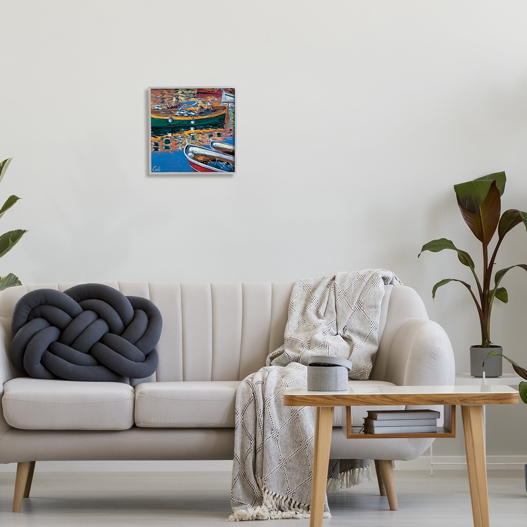 Stupell Industries Boats in Water Reflection Transportation Painting Gray Framed Art Print Wall Art, 12 x 12